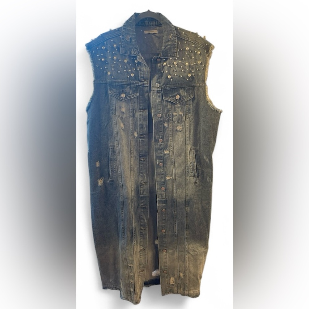 Women's Long Denim Vest with Pearl & Rhinestone Accents - Picture 2 of 9